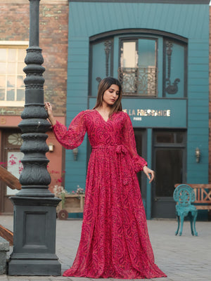 Rajwada Pink Chiffon Stitched Printed Indo Western Dress For Women