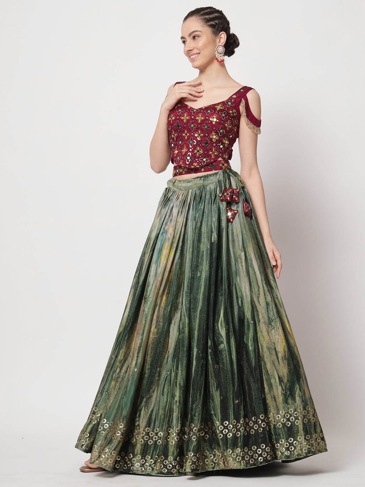 Rajwada - Green Chinnon Silk Print with Sequin Embroidered Semi Stitched Lehenga Choli