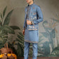 Rajwada Blue Viscose Silk Embroidered Stitched Kurta Set For Men
