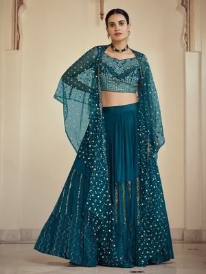 Rajwada Women Teal Embroidered Crepe Semi Stitched Lehenga With Unstitched Blouse