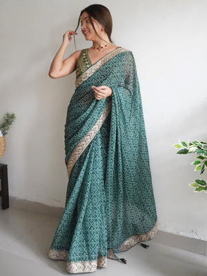 Rajwada - Beautiful Teal Georgette Silk Saree with Unstitched Blouse