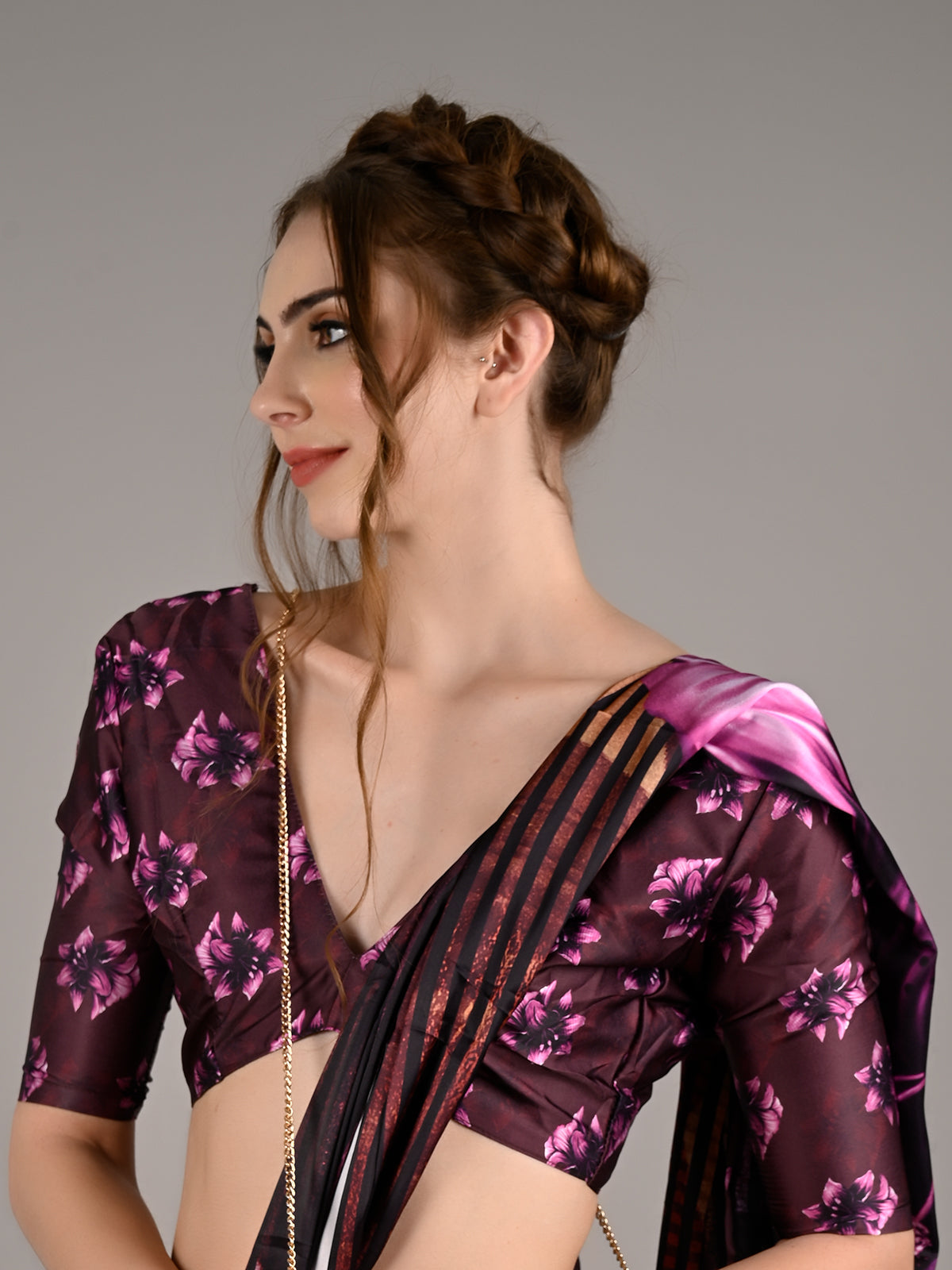 Multicolor Silk Blend Digital Floral Print Saree With Unstitched Blouse
