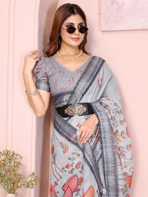 Rajwada Grey Cotton Linen Printed Saree For Women