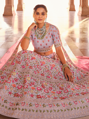 Rajwada Women Grey Embroidered Crepe Semi Stitched Lehenga With Unstitched Blouse