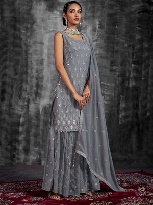 Rajwada Women Stylish Embroidered Grey Georgette Stitched Kurta Set