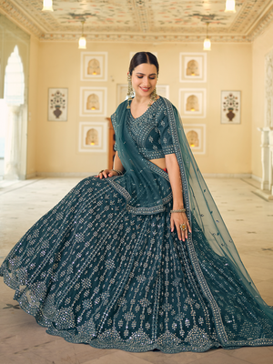 Rajwada Women Teal Embroidered Soft Net Semi Stitched Lehenga With Unstitched Blouse