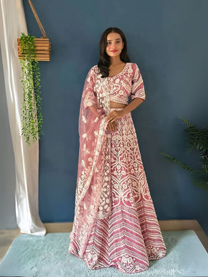 Rajwada Pink Net Embellished Semi-Stitched lehenga For Women