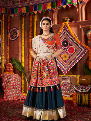 Rajwada Teal Blue Cotton Blend Embroidered Semi-Stitched lehenga For Women