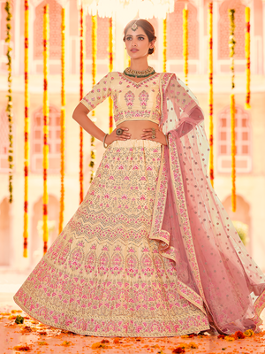 Rajwada Women Beige Embroidered Crepe Semi Stitched Lehenga With Unstitched Blouse