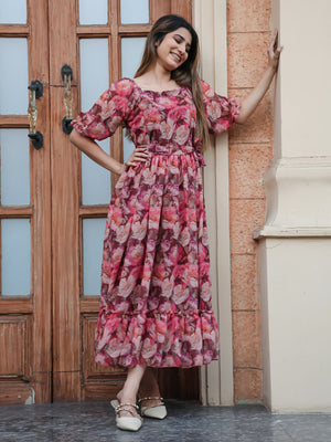 Rajwada Pink Chiffon Stitched Printed Indo Western Dress For Women