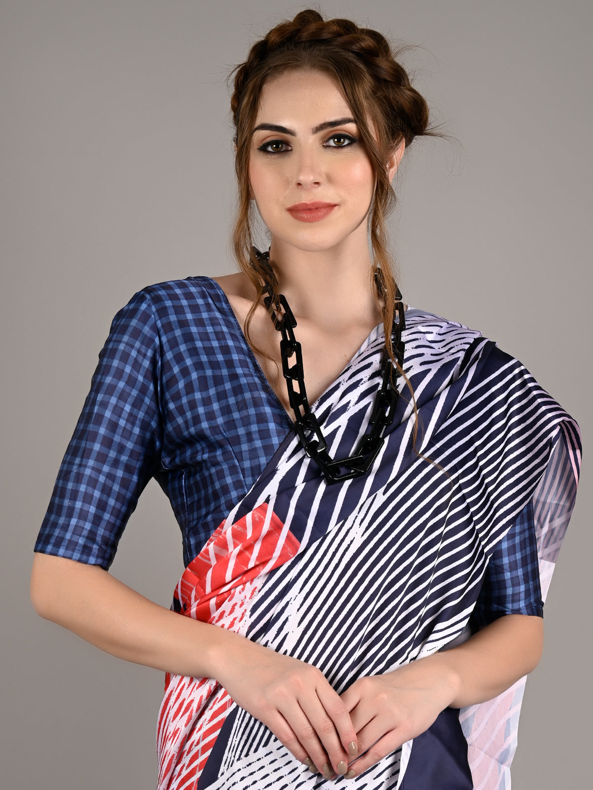 Multicolor Silk Blend Digital Stripes Print Saree With Unstitched Blouse