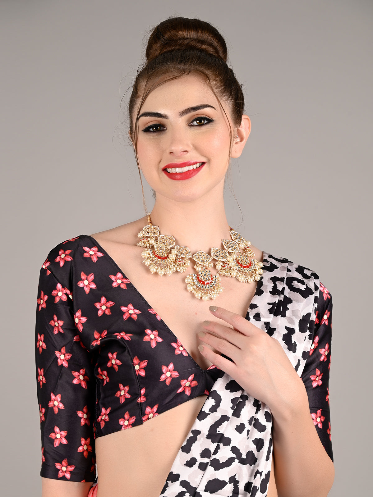White Satin Crepe Printed Saree With Unstitched Blouse