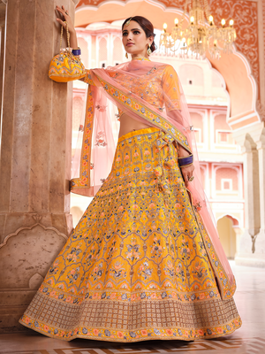 Rajwada Women Mustard Swarovski Embroidered Crepe Semi Stitched Lehenga With Unstitched Blouse