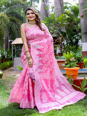 Rajwada Pink Cotton Blend Woven Saree With Unstitched Blouse For Women