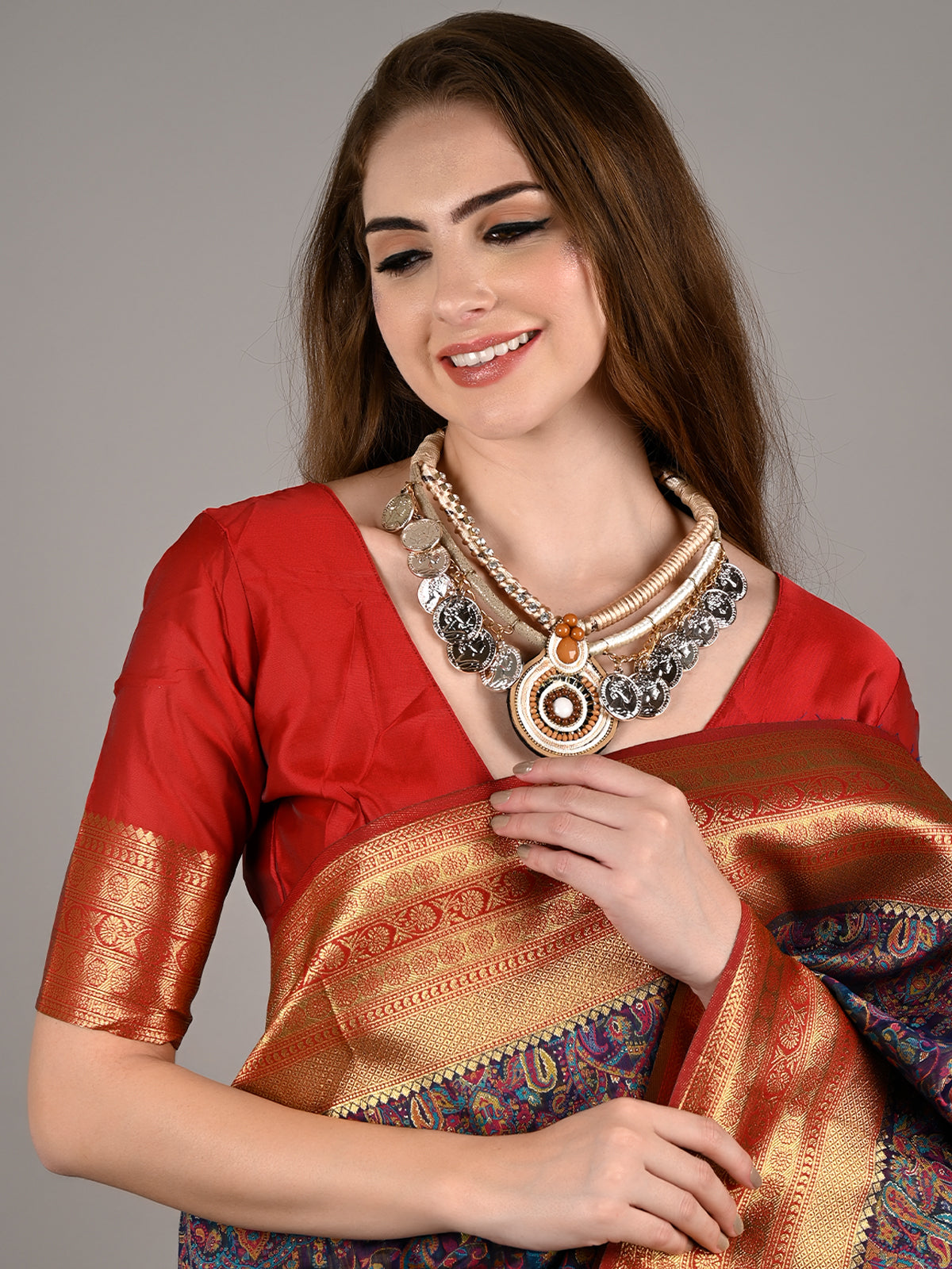 Blue Modal Woven Saree With Unstitched Blouse