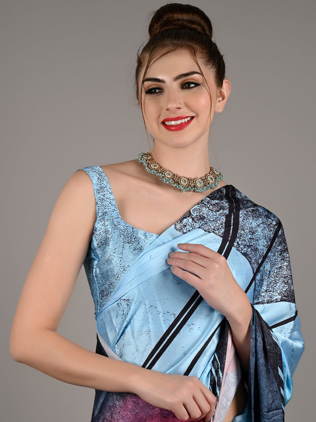 Blue Soft Crepe Digital Print Saree With Unstitched Blouse