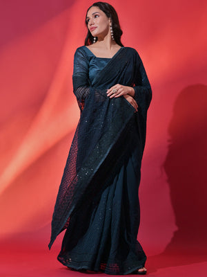 Rajwada Teal Embellished Georgette Saree With Unstitched Blouse For Women