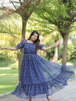 Rajwada Dark Blue Georgette Stitched Printed Indo Western Dress For Women