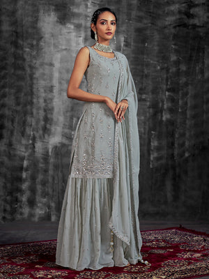 Rajwada Women Grey Embroidered Partywear  Stitched Kurtaset
