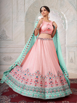 Rajwada Pink Georgette Embroidered Semi Stitched Lehenga With Unstitched Blouse for Women