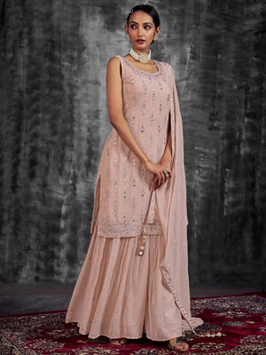Rajwada Women Beautiful Embroidered Peach Georgette Stitched Kurta Set