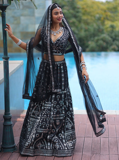 Rajwada Black Silk Blend Semi Stitched Lehenga With Unstitched Blouse For Women