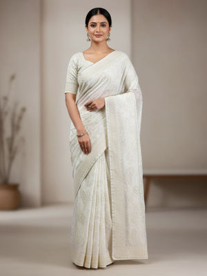 Rajwada White Organza Embroidered Solid Saree For Women