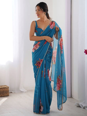 Rajwada Blue Georgette Printed Saree For Women