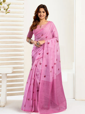 Rajwada Light Pink Cotton Linen Zari Work Saree For Women