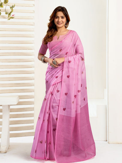 Rajwada Light Pink Cotton Linen Zari Work Saree For Women