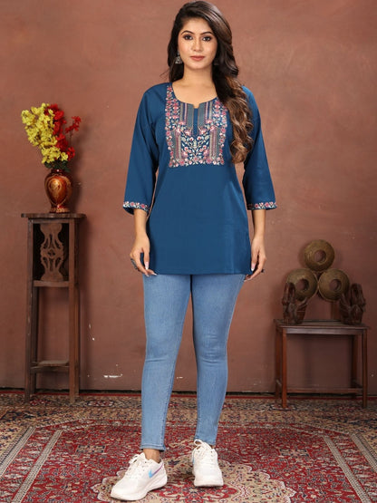 Rajwada Deep Teal Cotton Blend Embroidered Kurti For Women