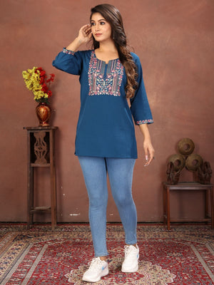 Rajwada Deep Teal Cotton Blend Embroidered Kurti For Women