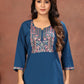Rajwada Deep Teal Cotton Blend Embroidered Kurti For Women