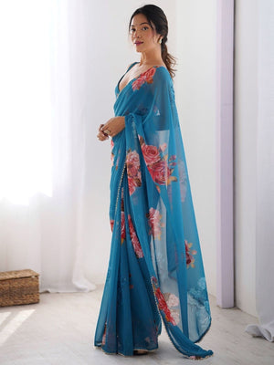 Rajwada Blue Georgette Printed Saree For Women