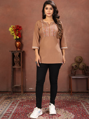 Rajwada Light Brown Cotton Blend Embroidered Kurti For Women