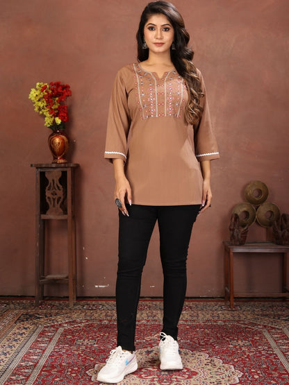 Rajwada Light Brown Cotton Blend Embroidered Kurti For Women