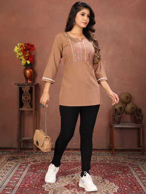 Rajwada Light Brown Cotton Blend Embroidered Kurti For Women