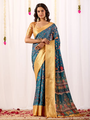 Rajwada Blue Silk Blend Printed Saree For Women