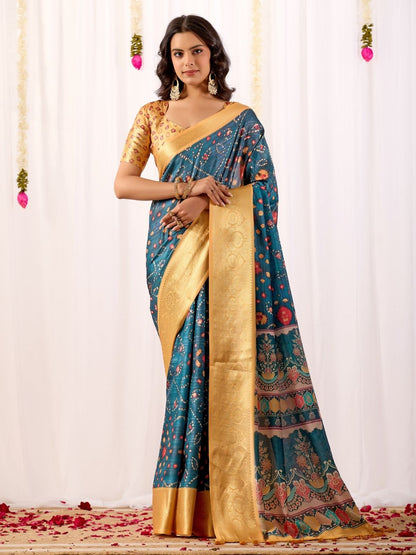 Rajwada Blue Silk Blend Printed Saree For Women