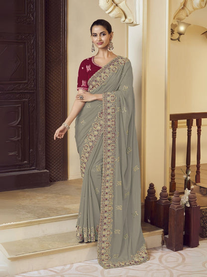 Rajwada Grey Georgette Embroidered Elegant Saree For Women