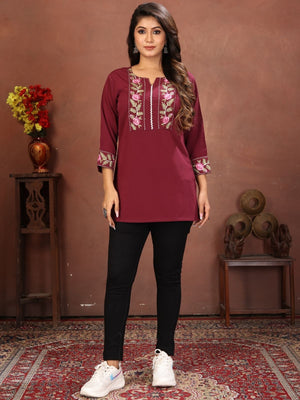 Rajwada Maroon Cotton Blend Embroidered Kurti For Women