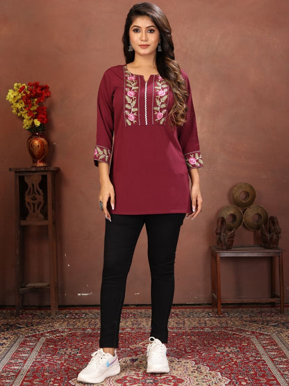 Rajwada Maroon Cotton Blend Embroidered Kurti For Women