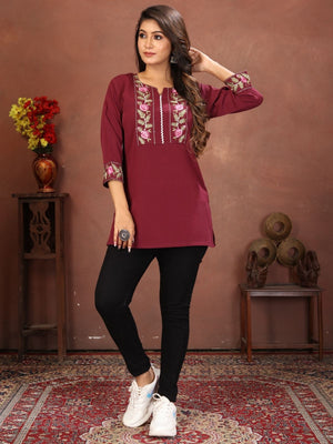 Rajwada Maroon Cotton Blend Embroidered Kurti For Women