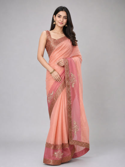 Peach Silk Blend Solid Saree