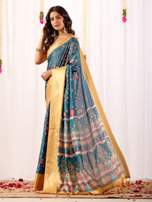 Rajwada Blue Silk Blend Printed Saree For Women