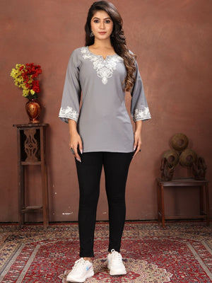 Rajwada Grey Cotton Blend Embroidered Kurti For Women