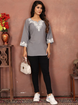Rajwada Grey Cotton Blend Embroidered Kurti For Women