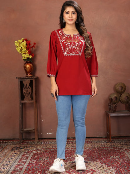 Rajwada Deep Red Cotton Blend Embroidered Kurti For Women