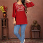 Rajwada Deep Red Cotton Blend Embroidered Kurti For Women