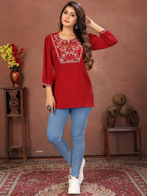 Rajwada Deep Red Cotton Blend Embroidered Kurti For Women